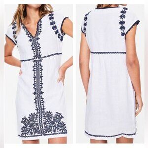 BODEN Bea White Linen Dress with Navy Embroidery, Size 10